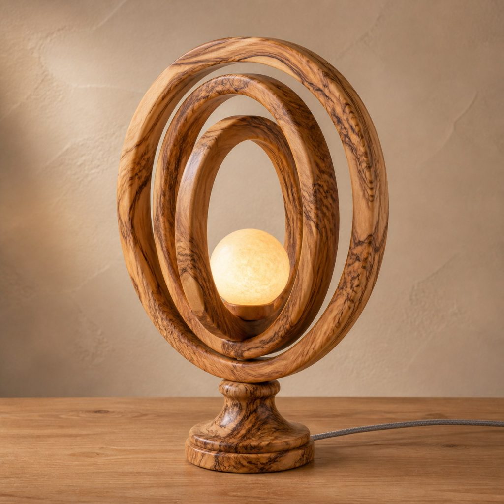 Olivewood Turning-Ring Lamp shown as an original square photorealistic olivewood lamp with natural cream, honey, and dark brown swirling grain, distinctive construction, and warm diffused light