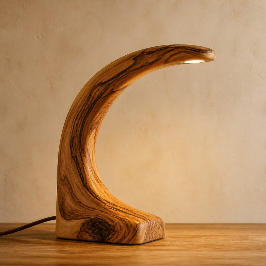 Olivewood Branch-Arc Lamp shown as an original square photorealistic olivewood lamp with natural cream, honey, and dark brown swirling grain, distinctive construction, and warm diffused light