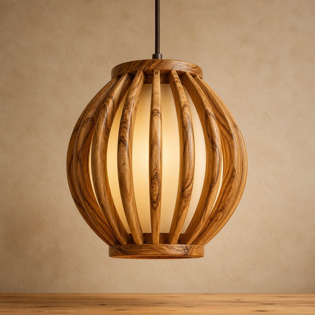 Olivewood Ribbed-Pod Pendant shown as an original square photorealistic olivewood lamp with natural cream, honey, and dark brown swirling grain, distinctive construction, and warm diffused light