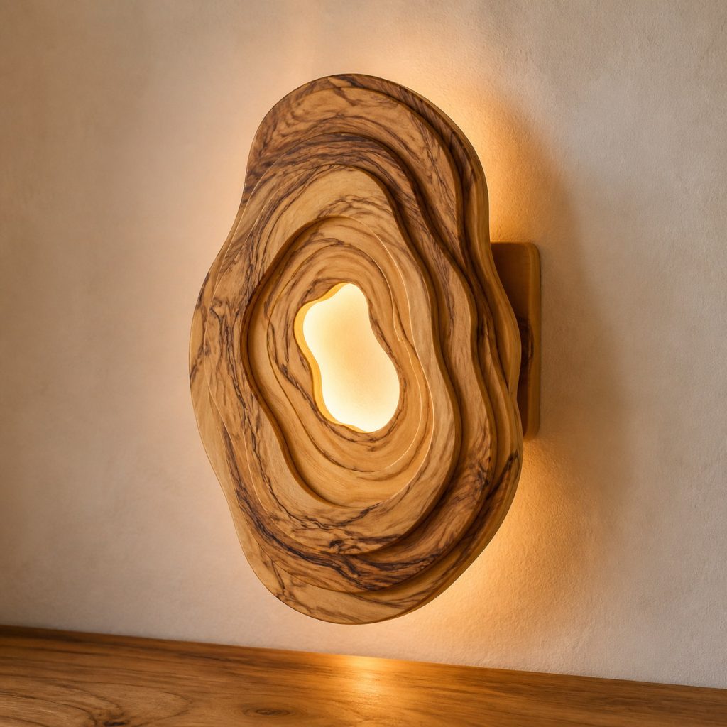Olivewood Topographic Sconce shown as an original square photorealistic olivewood lamp with natural cream, honey, and dark brown swirling grain, distinctive construction, and warm diffused light