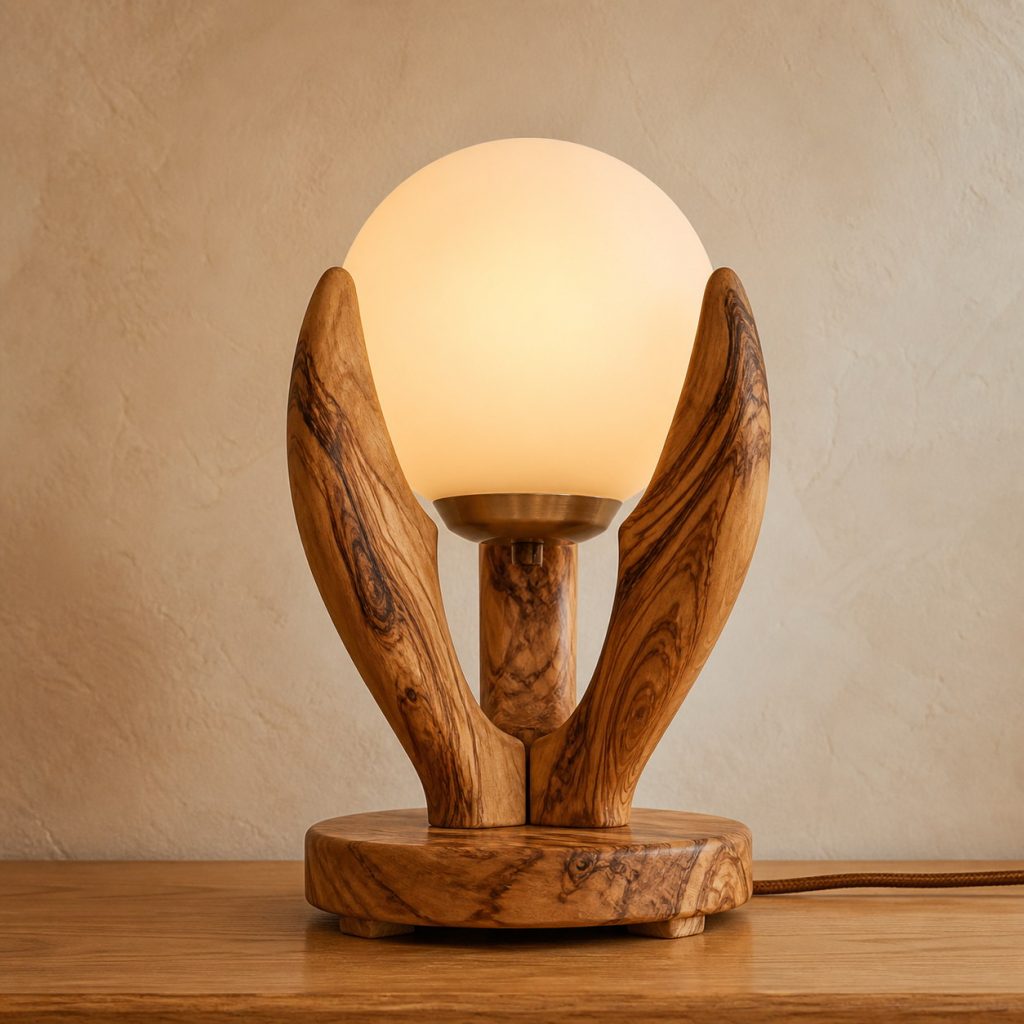 Olivewood Three-Claw Globe Lamp shown as an original square photorealistic olivewood lamp with natural cream, honey, and dark brown swirling grain, distinctive construction, and warm diffused light