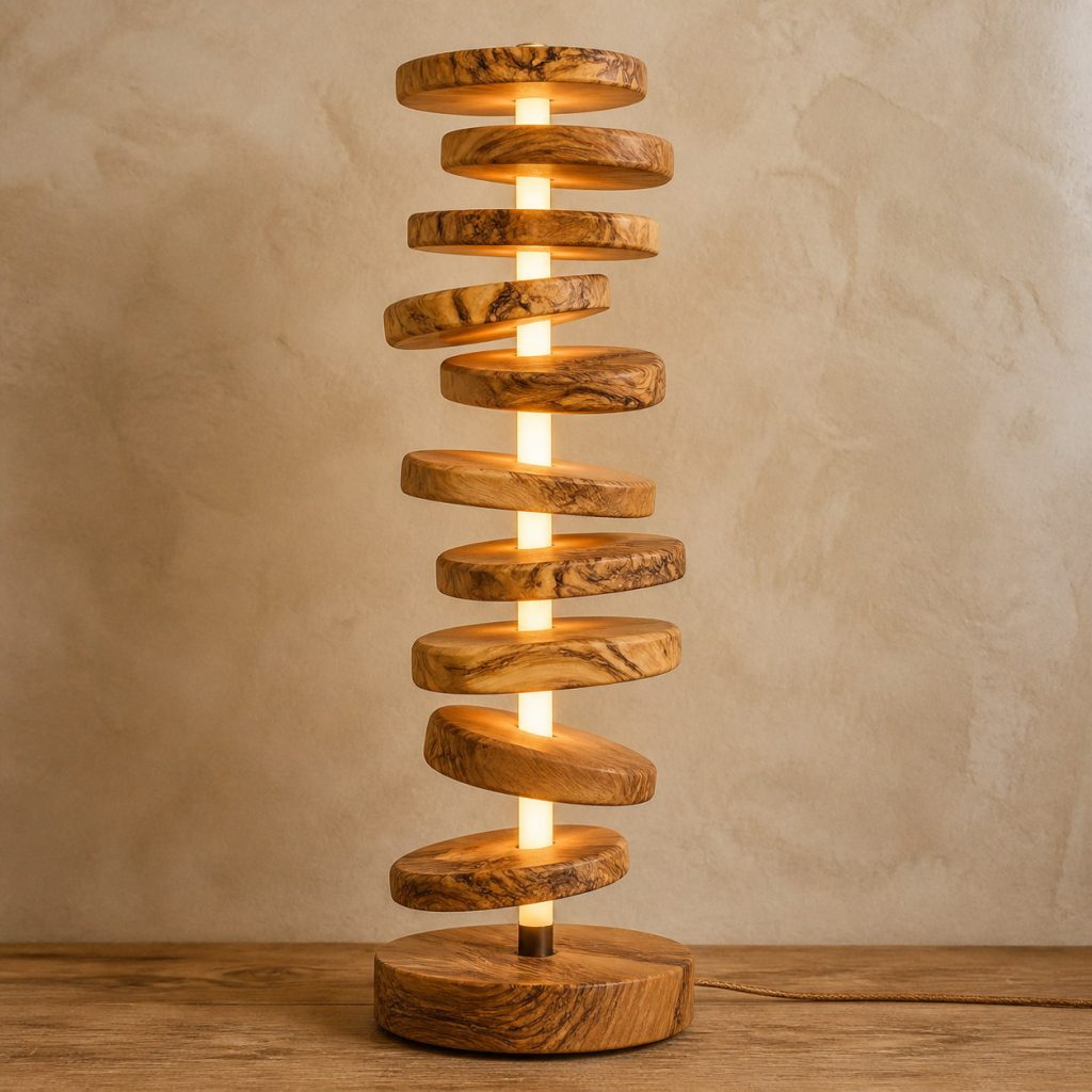 Olivewood Offset-Disc Floor Lamp shown as an original square photorealistic olivewood lamp with natural cream, honey, and dark brown swirling grain, distinctive construction, and warm diffused light