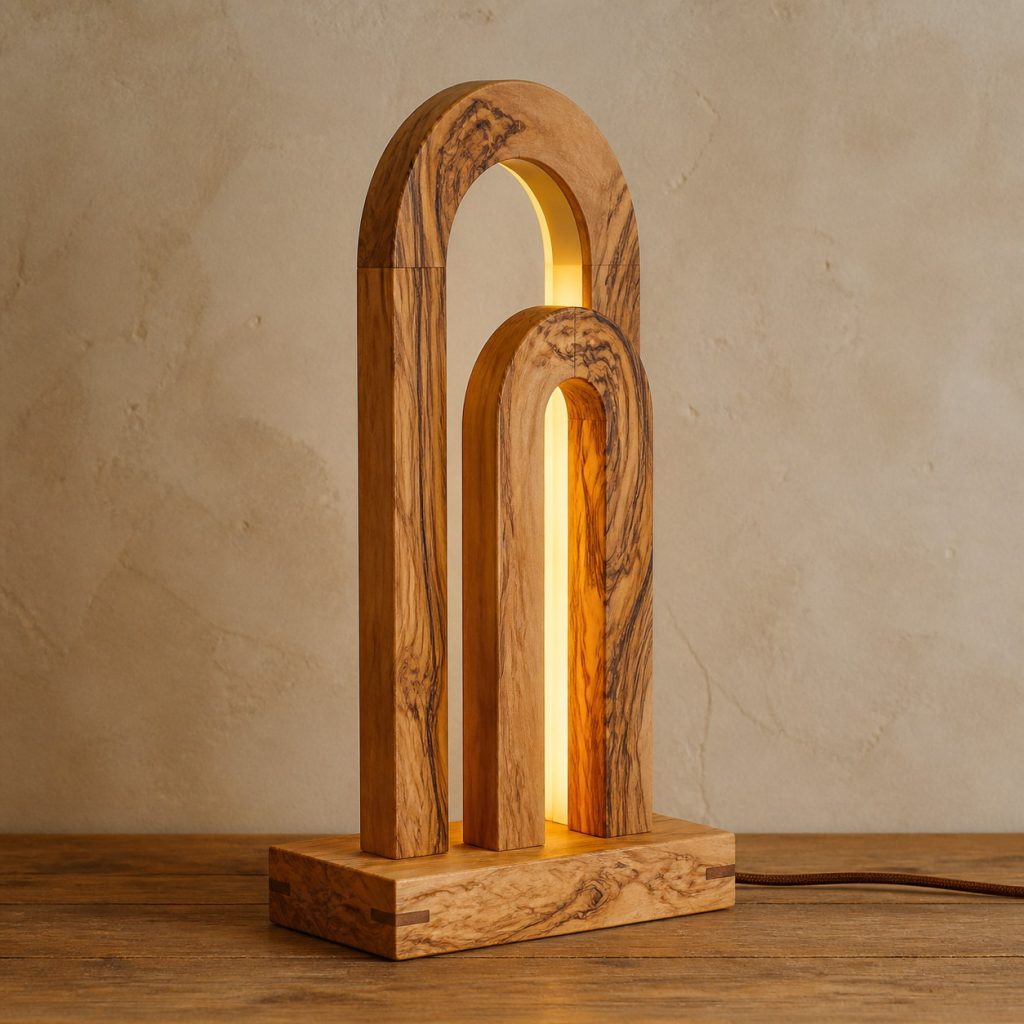 Olivewood Twin-Arch Lamp shown as an original square photorealistic olivewood lamp with natural cream, honey, and dark brown swirling grain, distinctive construction, and warm diffused light