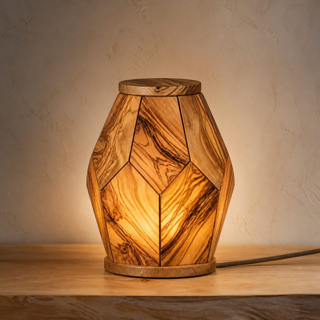 Olivewood Faceted-Pod Lamp shown as an original square photorealistic olivewood lamp with natural cream, honey, and dark brown swirling grain, distinctive construction, and warm diffused light