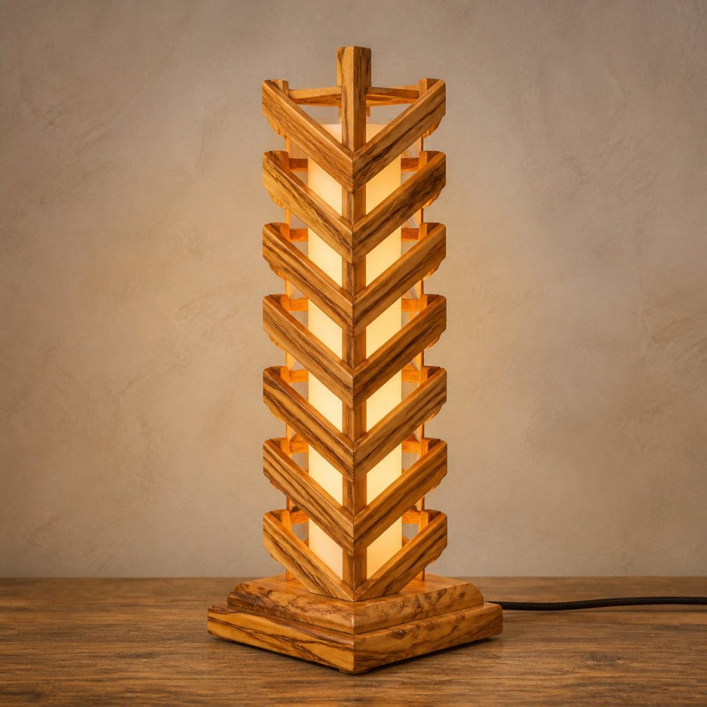 Olivewood Chevron Tower shown as an original square photorealistic olivewood lamp with natural cream, honey, and dark brown swirling grain, distinctive construction, and warm diffused light