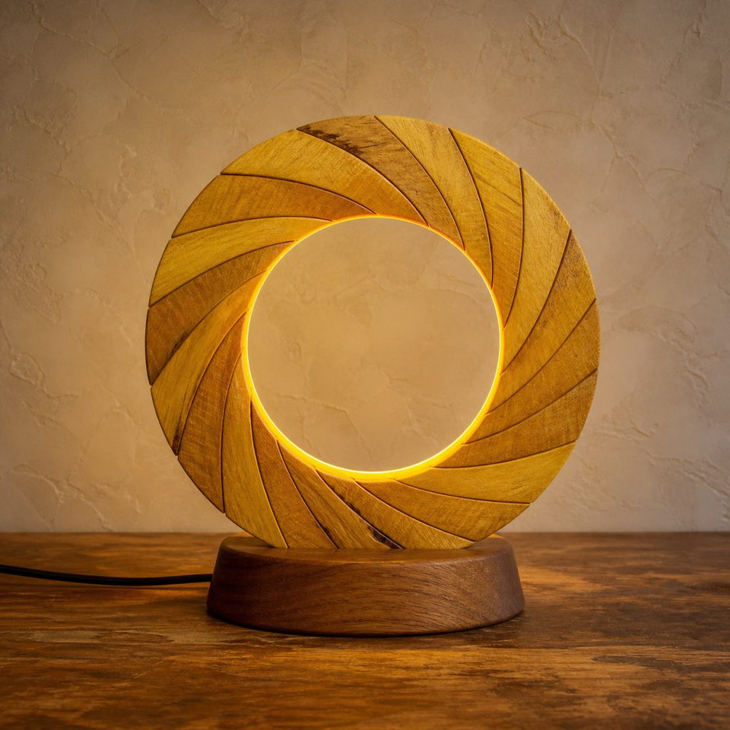 Osage Orange Segmented Spiral-Ring Lamp shown as an original square photorealistic osage orange lamp with natural vivid yellow-orange to golden brown grain, distinctive construction, and warm diffused light