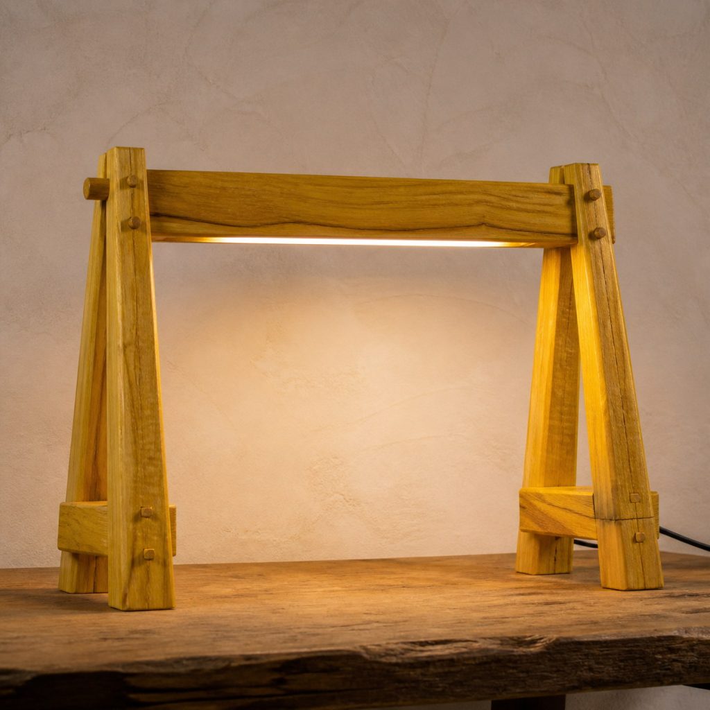 Osage Orange Trestle-Beam Desk Lamp shown as an original square photorealistic osage orange lamp with natural vivid yellow-orange to golden brown grain, distinctive construction, and warm diffused light