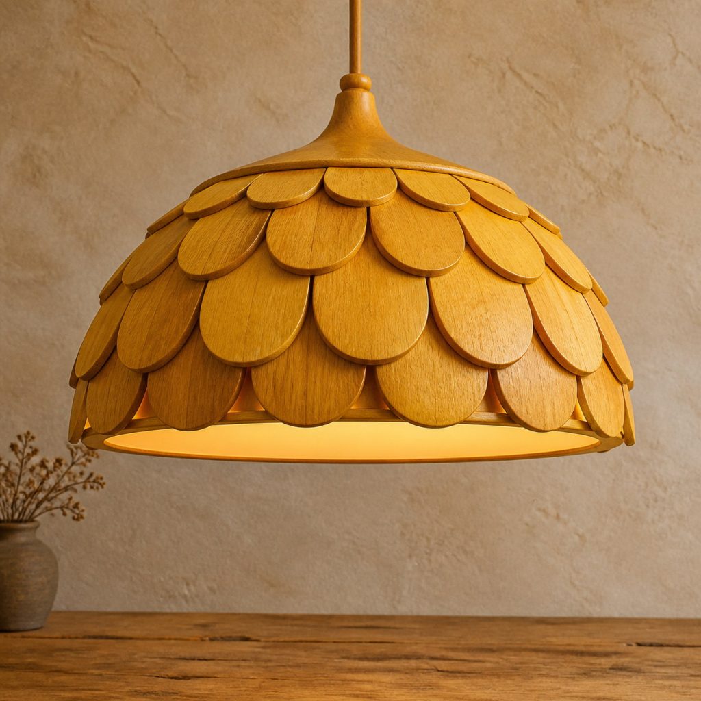 Osage Orange Scalloped-Dome Pendant shown as an original square photorealistic osage orange lamp with natural vivid yellow-orange to golden brown grain, distinctive construction, and warm diffused light