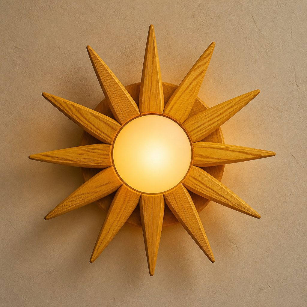 Osage Orange Geometric-Sunray Sconce shown as an original square photorealistic osage orange lamp with natural vivid yellow-orange to golden brown grain, distinctive construction, and warm diffused light