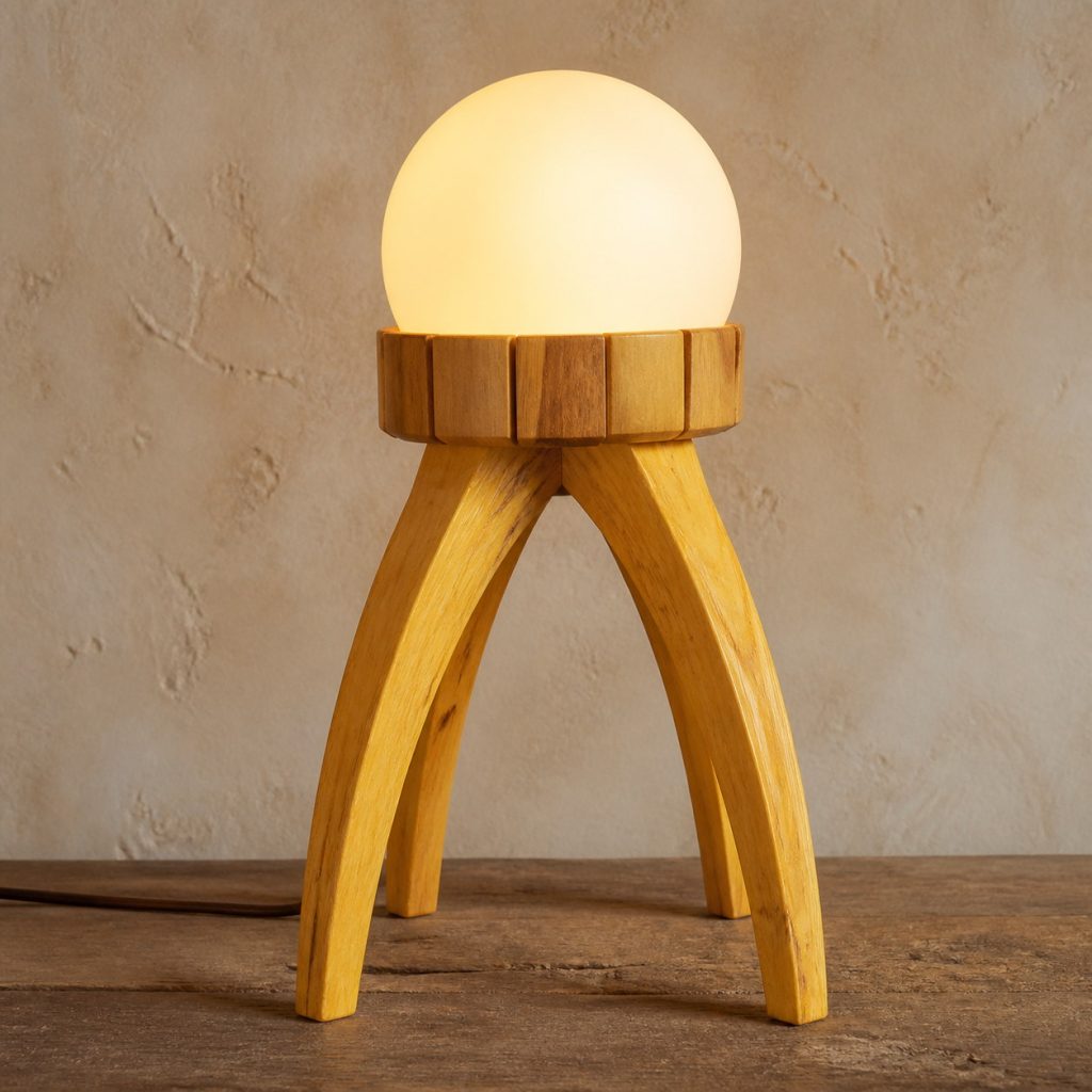 Osage Orange Tripod-Globe Lamp shown as an original square photorealistic osage orange lamp with natural vivid yellow-orange to golden brown grain, distinctive construction, and warm diffused light