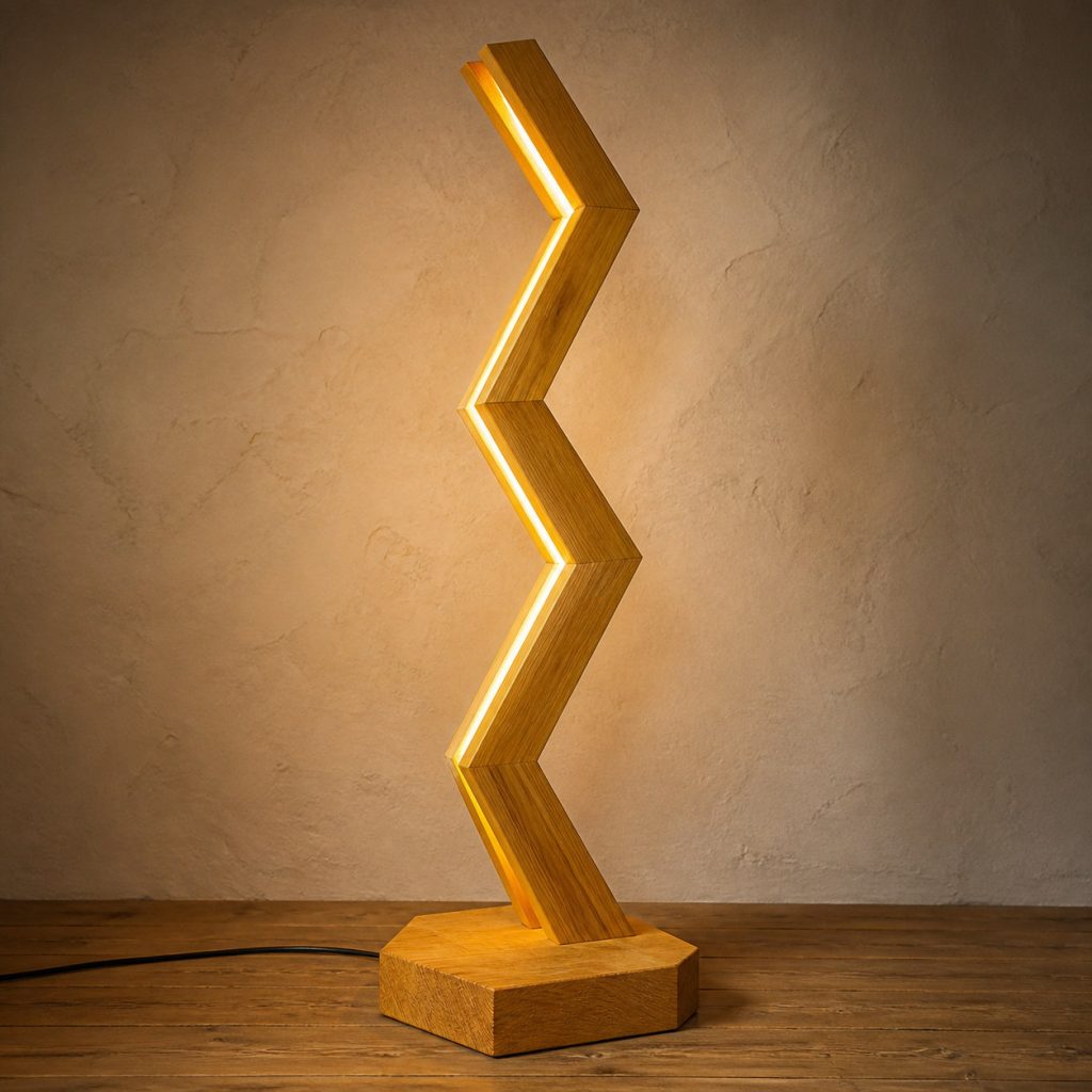 Osage Orange Zigzag-Lightning Floor Lamp shown as an original square photorealistic osage orange lamp with natural vivid yellow-orange to golden brown grain, distinctive construction, and warm diffused light