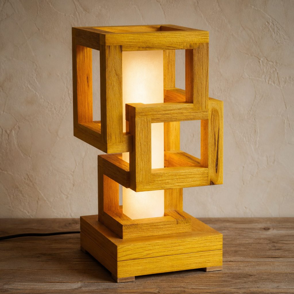 Osage Orange Open-Cube Cascade Lamp shown as an original square photorealistic osage orange lamp with natural vivid yellow-orange to golden brown grain, distinctive construction, and warm diffused light