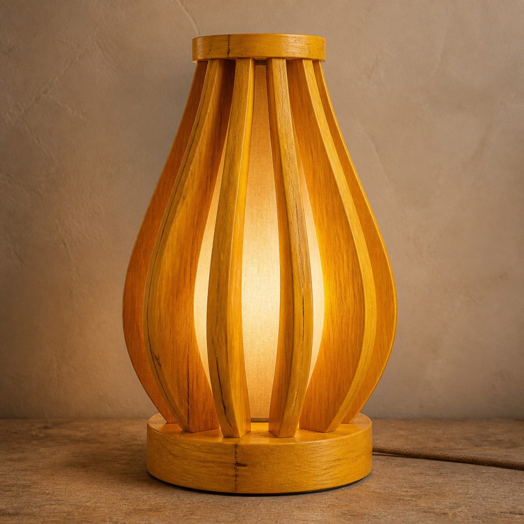 Osage Orange Fan-Vane Lamp shown as an original square photorealistic osage orange lamp with natural vivid yellow-orange to golden brown grain, distinctive construction, and warm diffused light