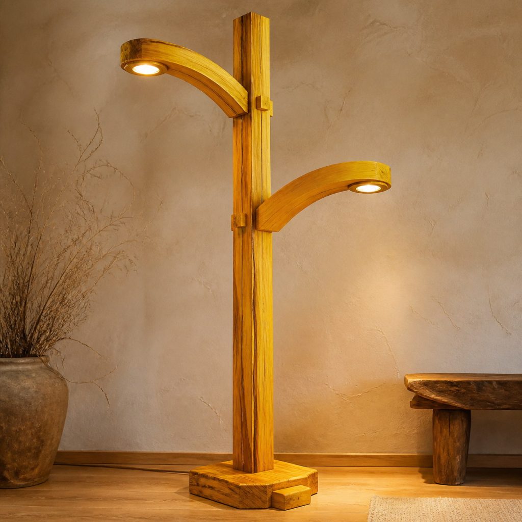 Osage Orange Double-Cantilever Floor Lamp shown as an original square photorealistic osage orange lamp with natural vivid yellow-orange to golden brown grain, distinctive construction, and warm diffused light