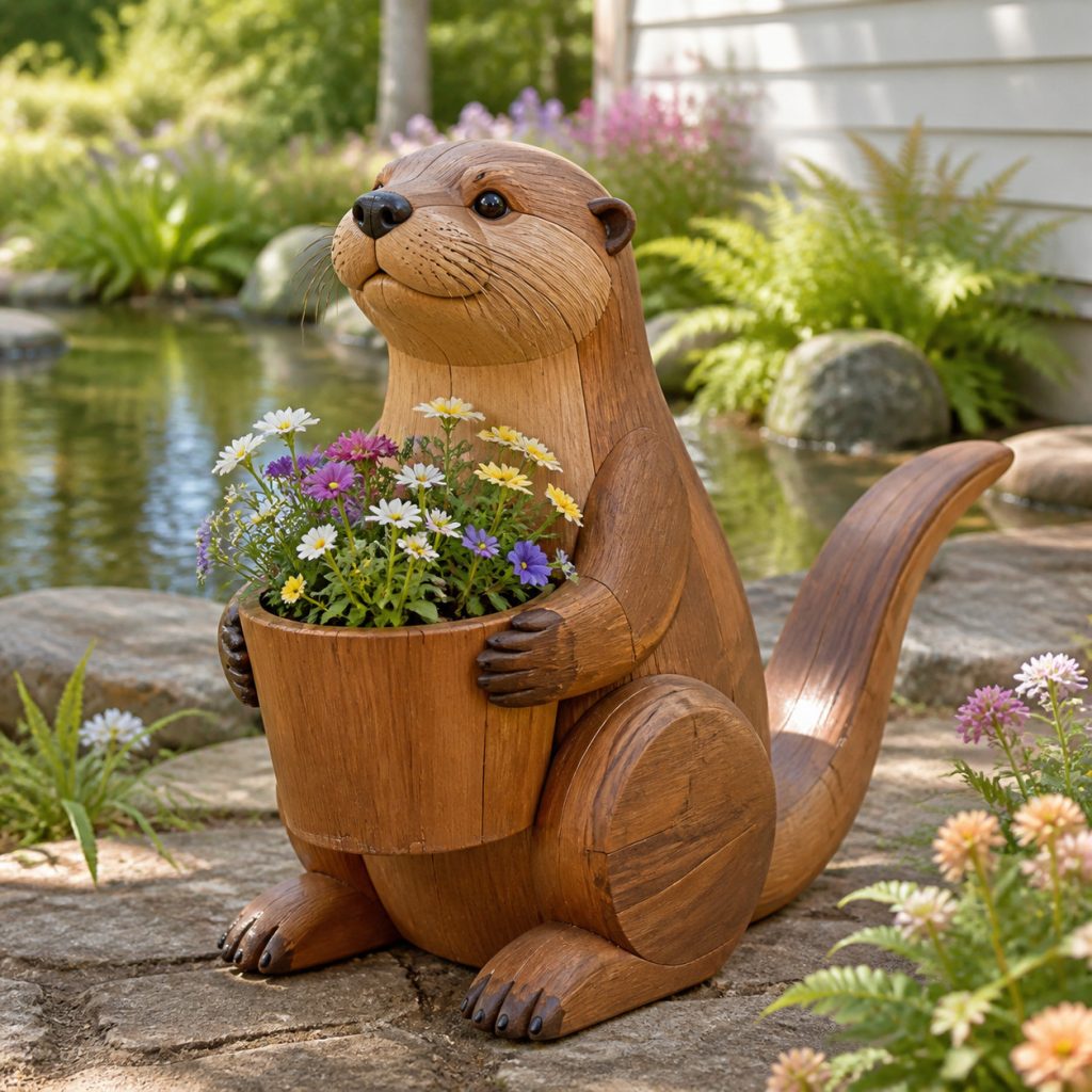 Compact Otter Pot Holder shown as a square photorealistic cedar garden planter filled with cottage flowers
