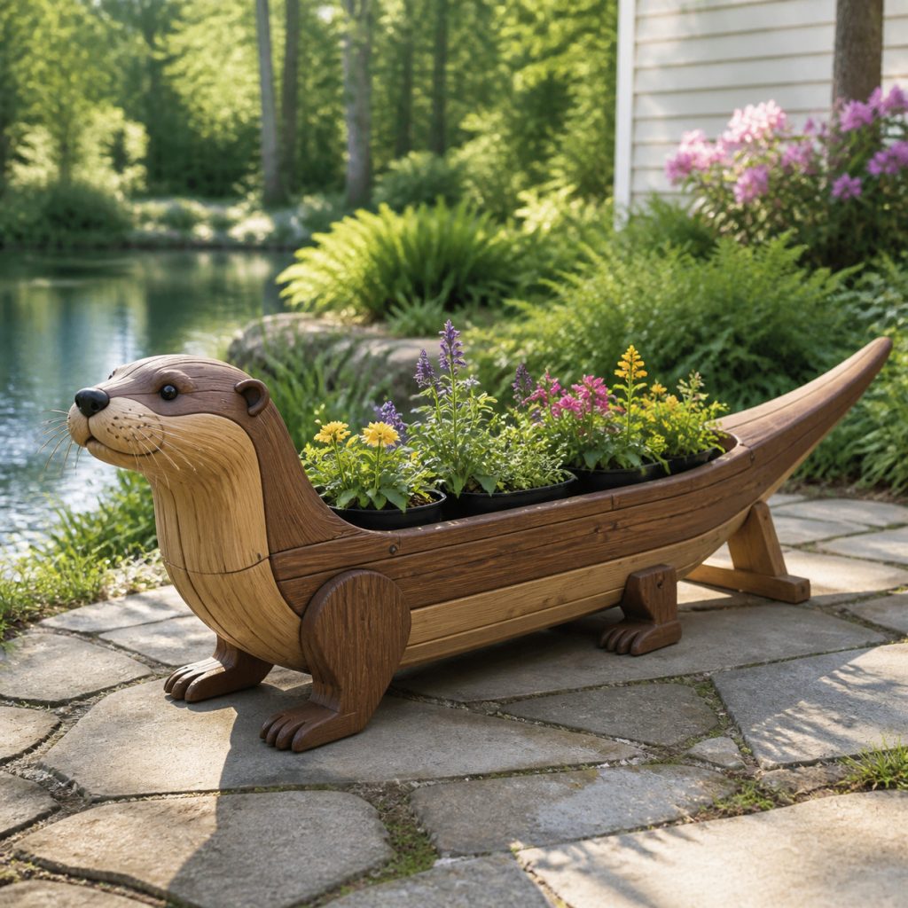 Long Pond-Side Otter Trough shown as a square photorealistic cedar garden planter filled with cottage flowers