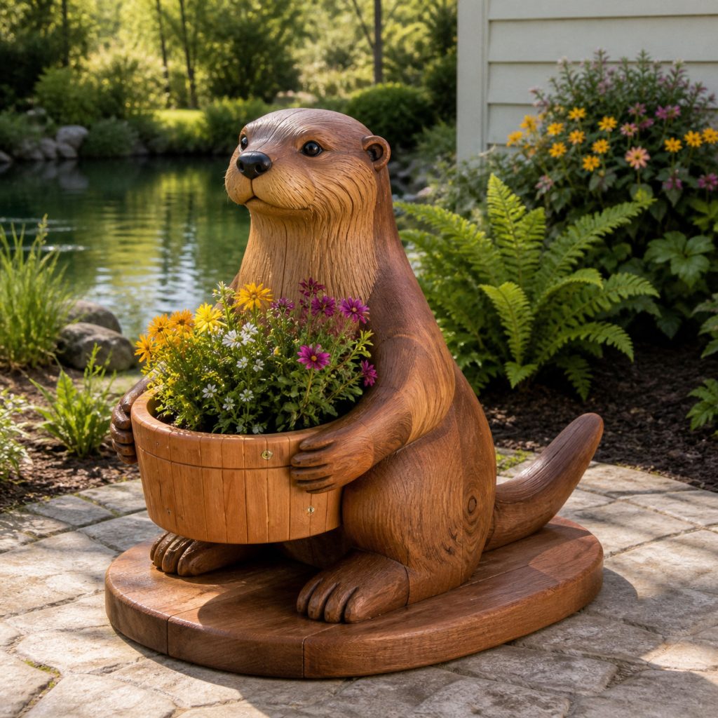 Seated Otter with Flower Pot shown as a square photorealistic cedar garden planter filled with cottage flowers