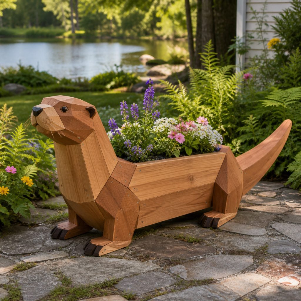 Modern Geometric Otter shown as a square photorealistic cedar garden planter filled with cottage flowers