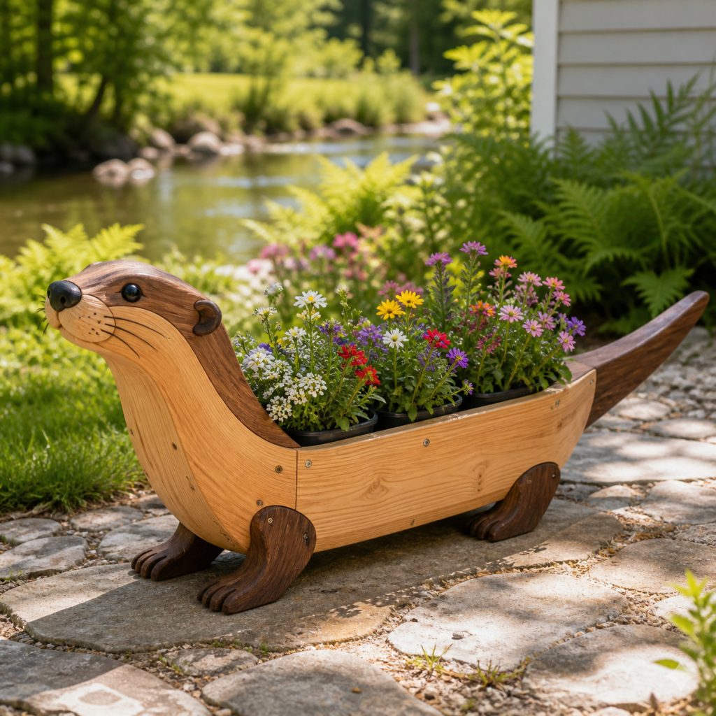Dark-Tail Two-Tone Otter shown as a square photorealistic cedar garden planter filled with cottage flowers