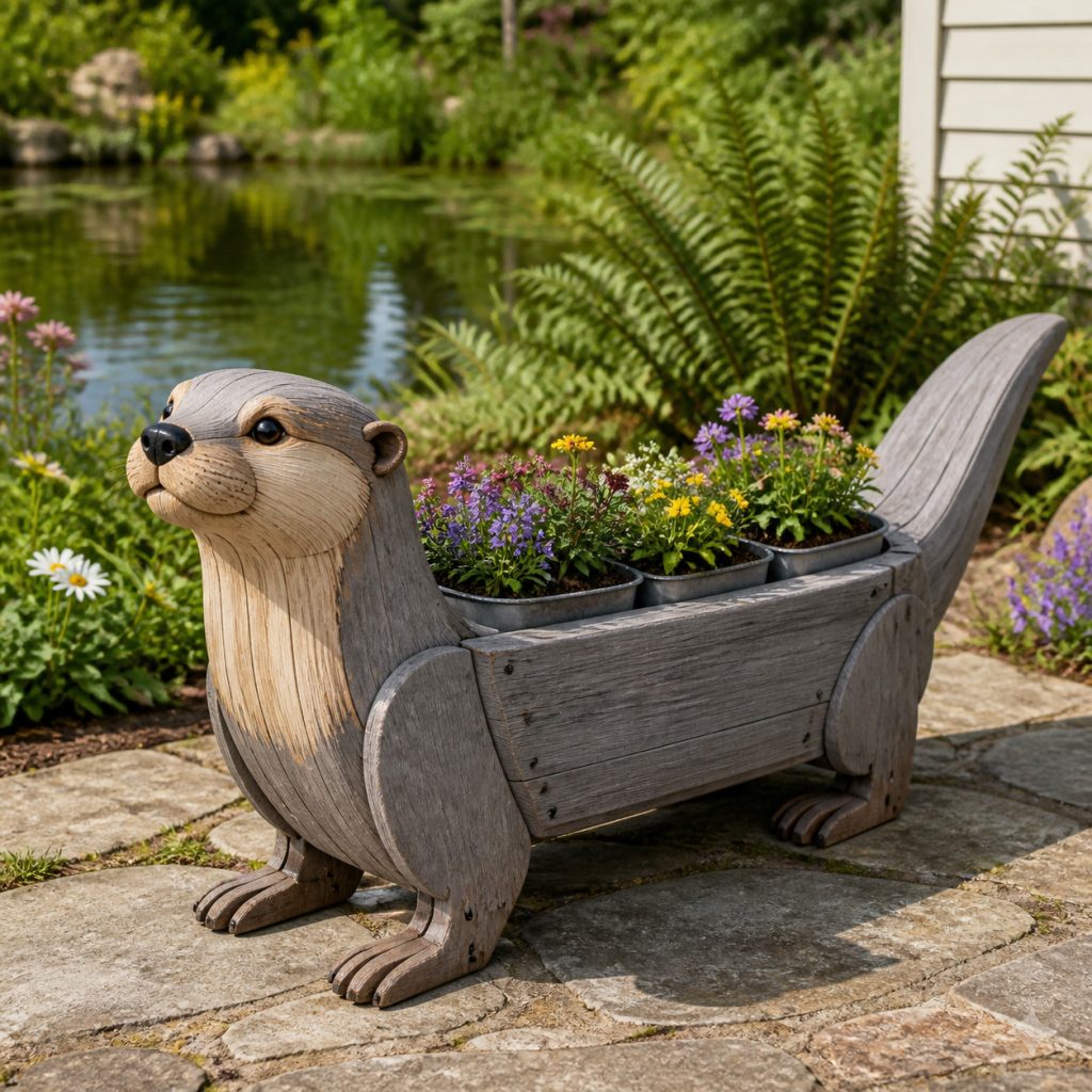 Weathered Waterside Otter shown as a square photorealistic cedar garden planter filled with cottage flowers