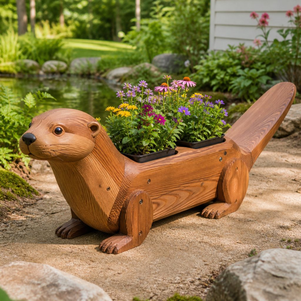 Otter with Twin Flower Pots shown as a square photorealistic cedar garden planter filled with cottage flowers
