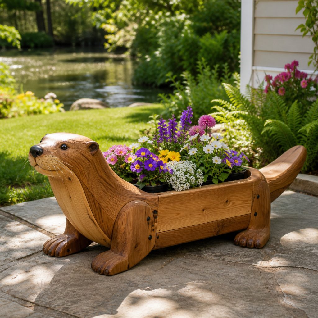 Chunky Timber Otter Box shown as a square photorealistic cedar garden planter filled with cottage flowers