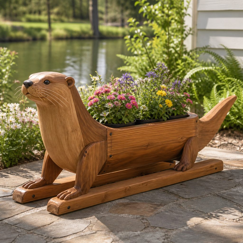 Otter on Wide Base Rails shown as a square photorealistic cedar garden planter filled with cottage flowers