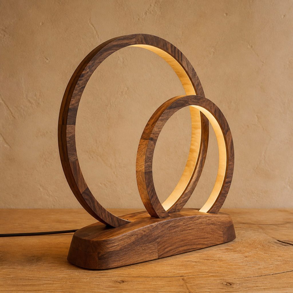 Ovangkol Segmented Double-Halo Lamp shown as an original square photorealistic ovangkol lamp with natural yellow-brown to dark chocolate ribboned grain, distinctive construction, and warm diffused light