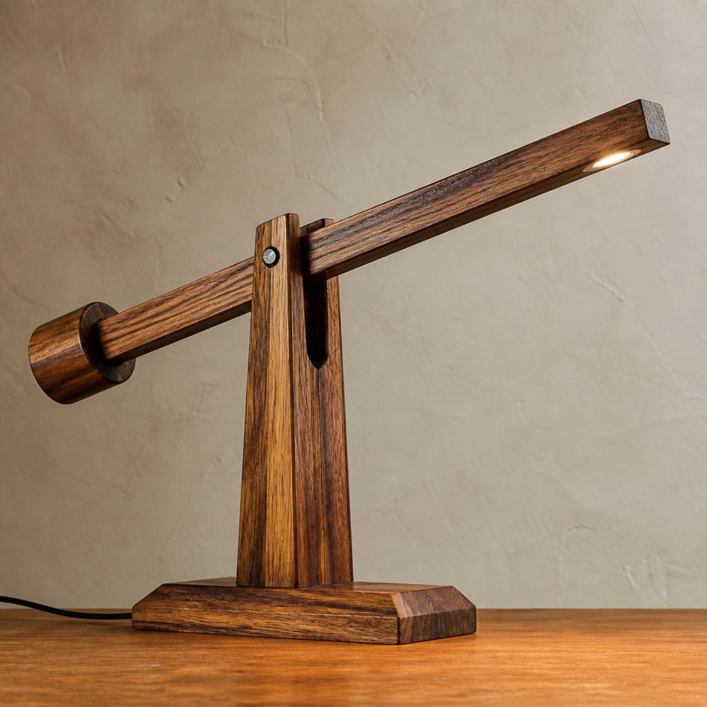 Ovangkol Balance-Beam Desk Lamp shown as an original square photorealistic ovangkol lamp with natural yellow-brown to dark chocolate ribboned grain, distinctive construction, and warm diffused light