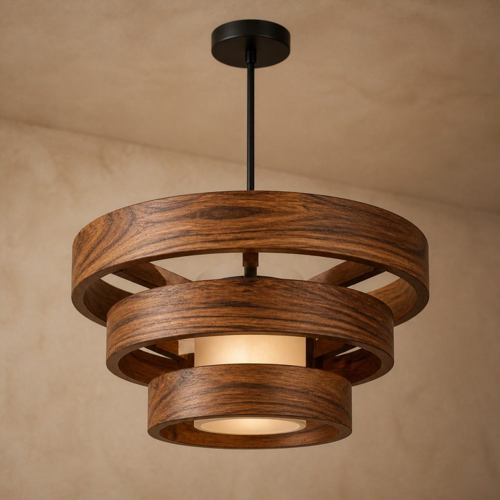 Ovangkol Tiered-Ring Pendant shown as an original square photorealistic ovangkol lamp with natural yellow-brown to dark chocolate ribboned grain, distinctive construction, and warm diffused light