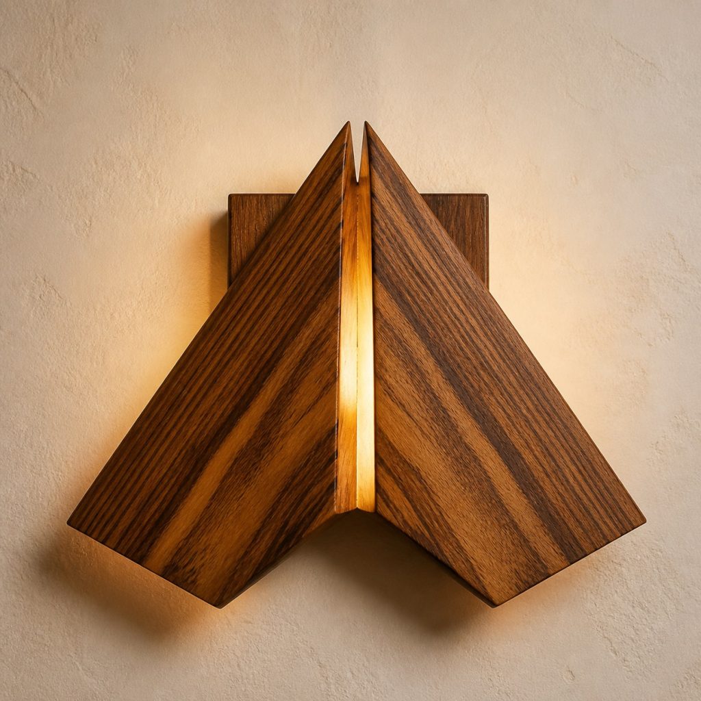 Ovangkol Bookmatched-Mountain Sconce shown as an original square photorealistic ovangkol lamp with natural yellow-brown to dark chocolate ribboned grain, distinctive construction, and warm diffused light