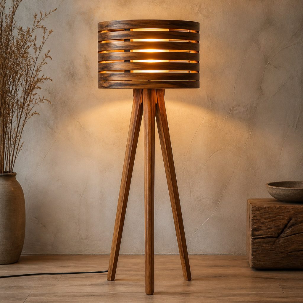 Ovangkol Tripod-Drum Floor Lamp shown as an original square photorealistic ovangkol lamp with natural yellow-brown to dark chocolate ribboned grain, distinctive construction, and warm diffused light
