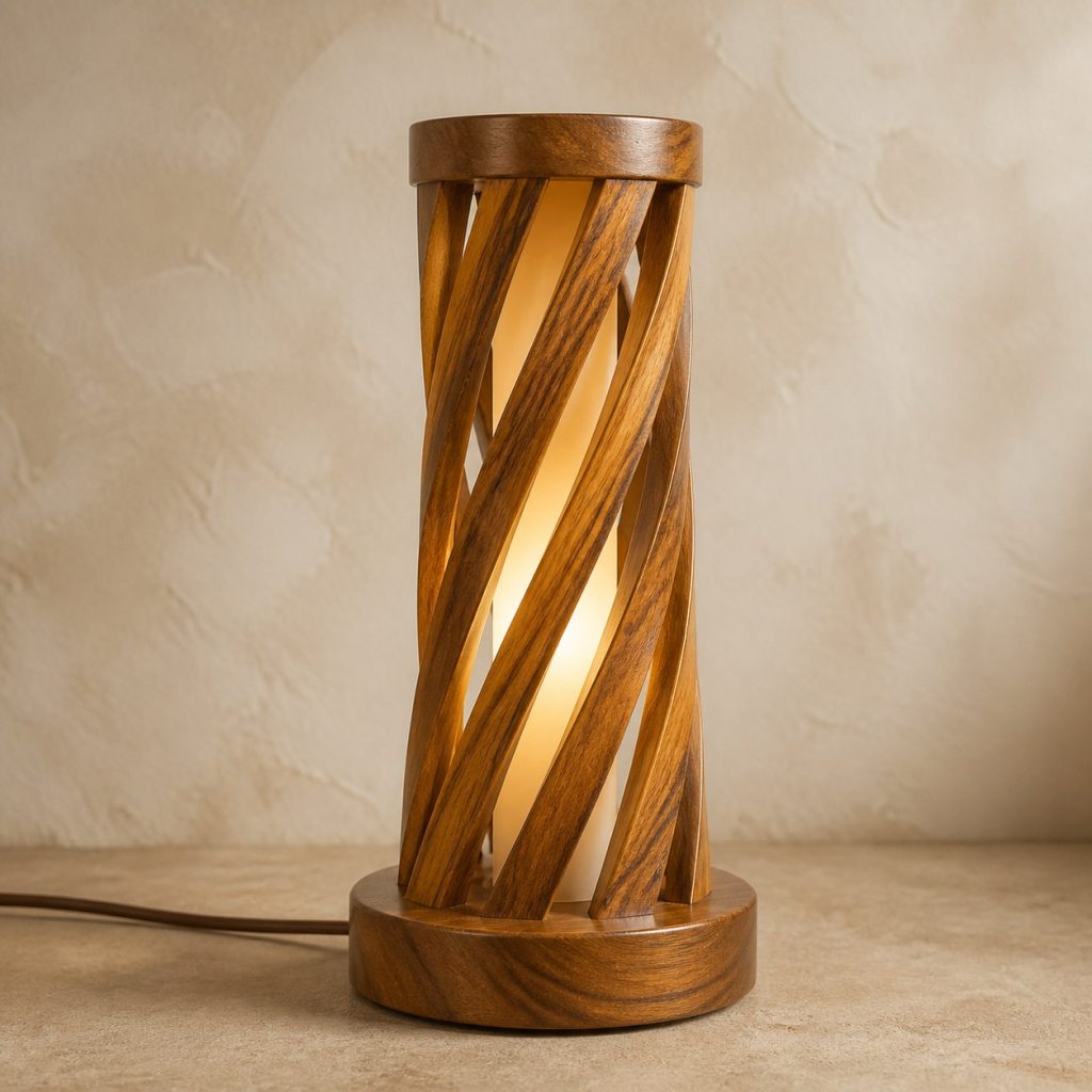Ovangkol Twisted-Louver Tower shown as an original square photorealistic ovangkol lamp with natural yellow-brown to dark chocolate ribboned grain, distinctive construction, and warm diffused light