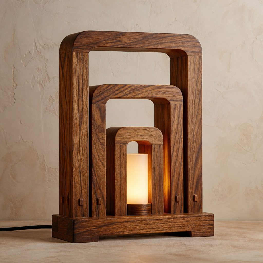 Ovangkol Stepped-Bridge Lamp shown as an original square photorealistic ovangkol lamp with natural yellow-brown to dark chocolate ribboned grain, distinctive construction, and warm diffused light