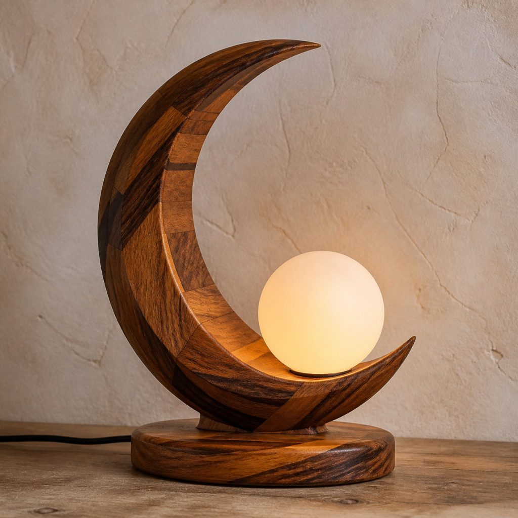 Ovangkol Crescent-and-Orb Lamp shown as an original square photorealistic ovangkol lamp with natural yellow-brown to dark chocolate ribboned grain, distinctive construction, and warm diffused light