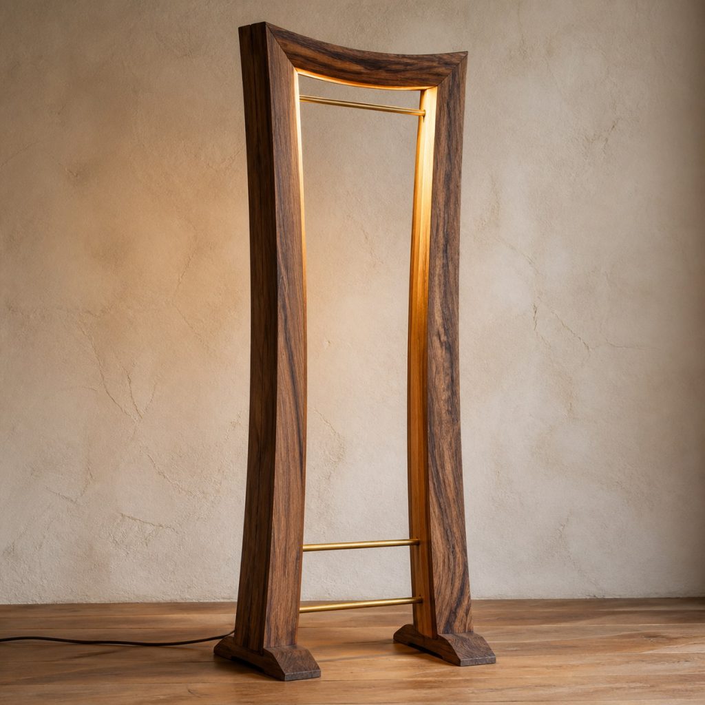 Ovangkol Tall Portal Floor Lamp shown as an original square photorealistic ovangkol lamp with natural yellow-brown to dark chocolate ribboned grain, distinctive construction, and warm diffused light