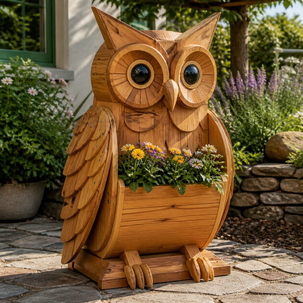 Classic Layered-Feather Owl shown as a square photorealistic cedar garden planter filled with cottage flowers