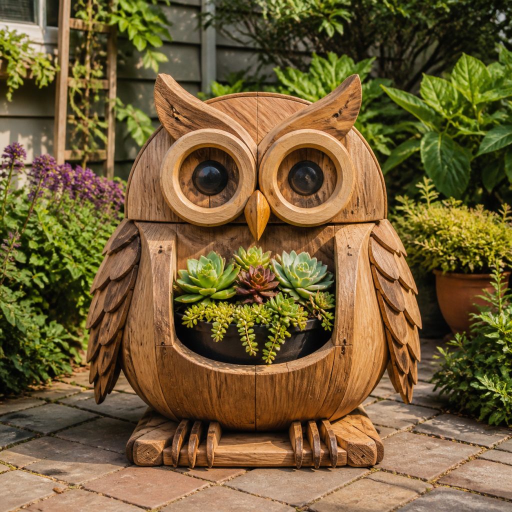 Compact Round Owl Pot shown as a square photorealistic cedar garden planter filled with cottage flowers