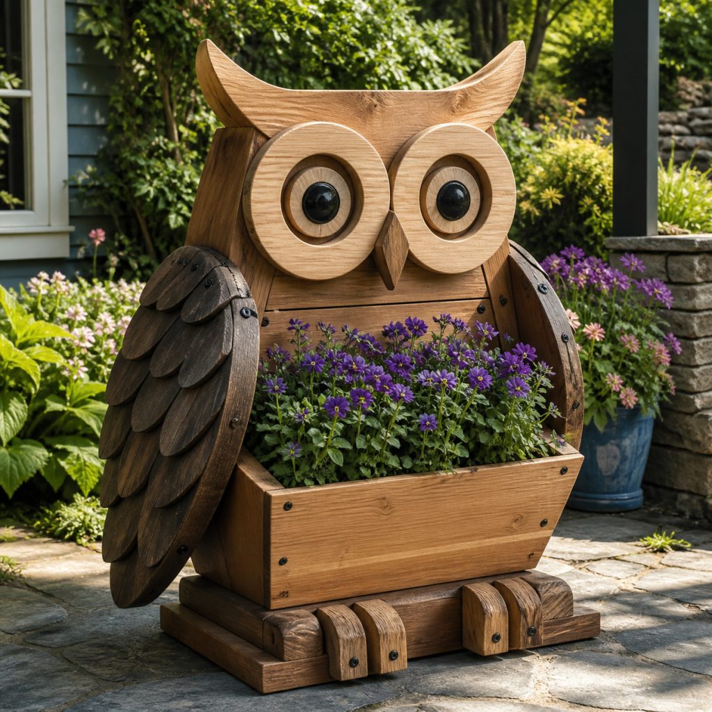 Wide-Eyed Two-Tone Owl shown as a square photorealistic cedar garden planter filled with cottage flowers