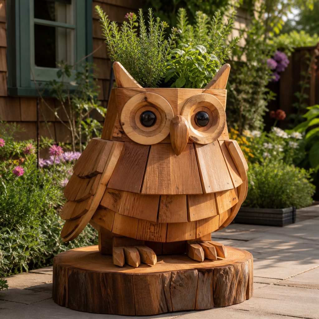 Owl on a Stump Base shown as a square photorealistic cedar garden planter filled with cottage flowers