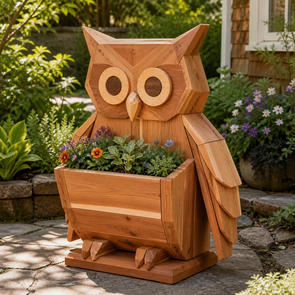 Modern Geometric Owl shown as a square photorealistic cedar garden planter filled with cottage flowers