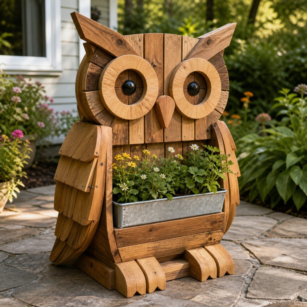 Rustic Slatted Owl Planter shown as a square photorealistic cedar garden planter filled with cottage flowers
