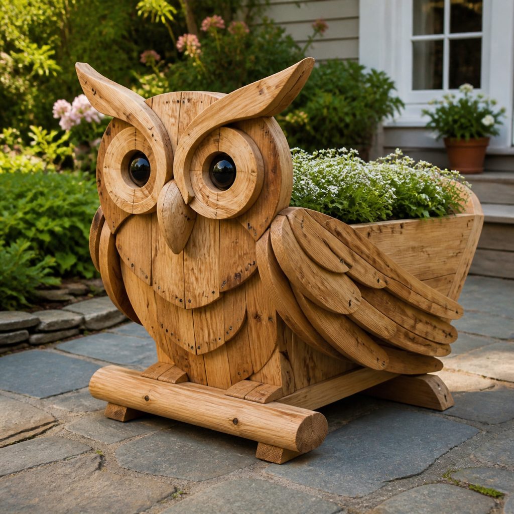 Low Broad-Wing Owl shown as a square photorealistic cedar garden planter filled with cottage flowers
