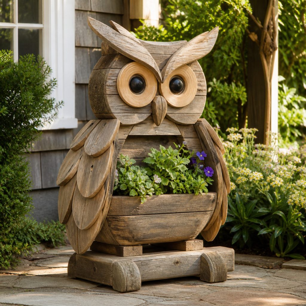 Weathered Cottage Owl shown as a square photorealistic cedar garden planter filled with cottage flowers