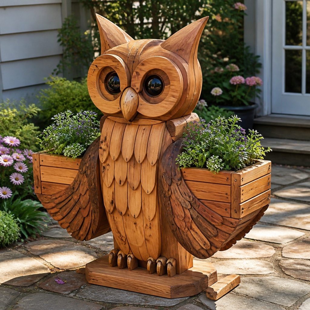 Owl with Twin Flower Pots shown as a square photorealistic cedar garden planter filled with cottage flowers
