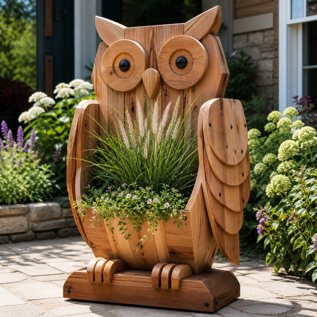 Large Grass-Filled Garden Owl shown as a square photorealistic cedar garden planter filled with cottage flowers