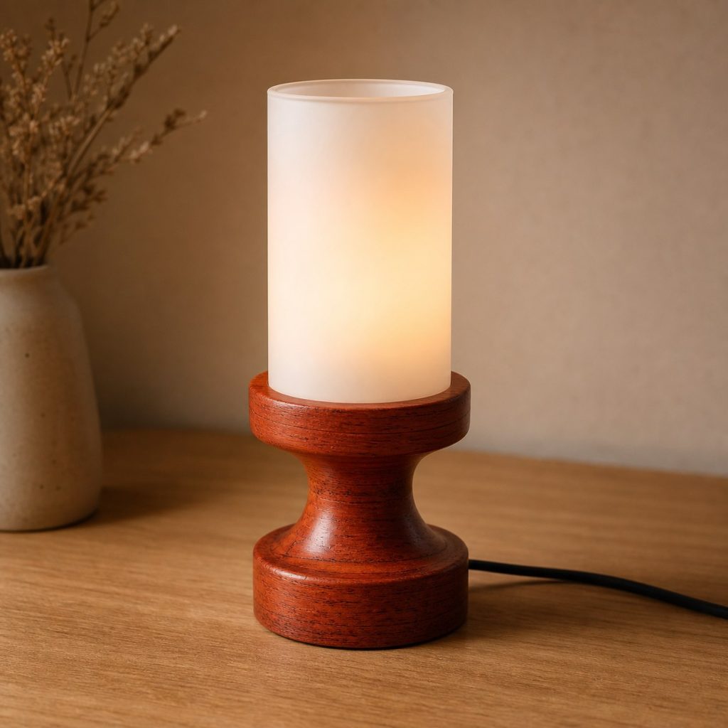 Padauk Turned Bedside Lamp shown as an original square photorealistic padauk wood lamp with authentic grain, warm diffused light, and a short dark power cord