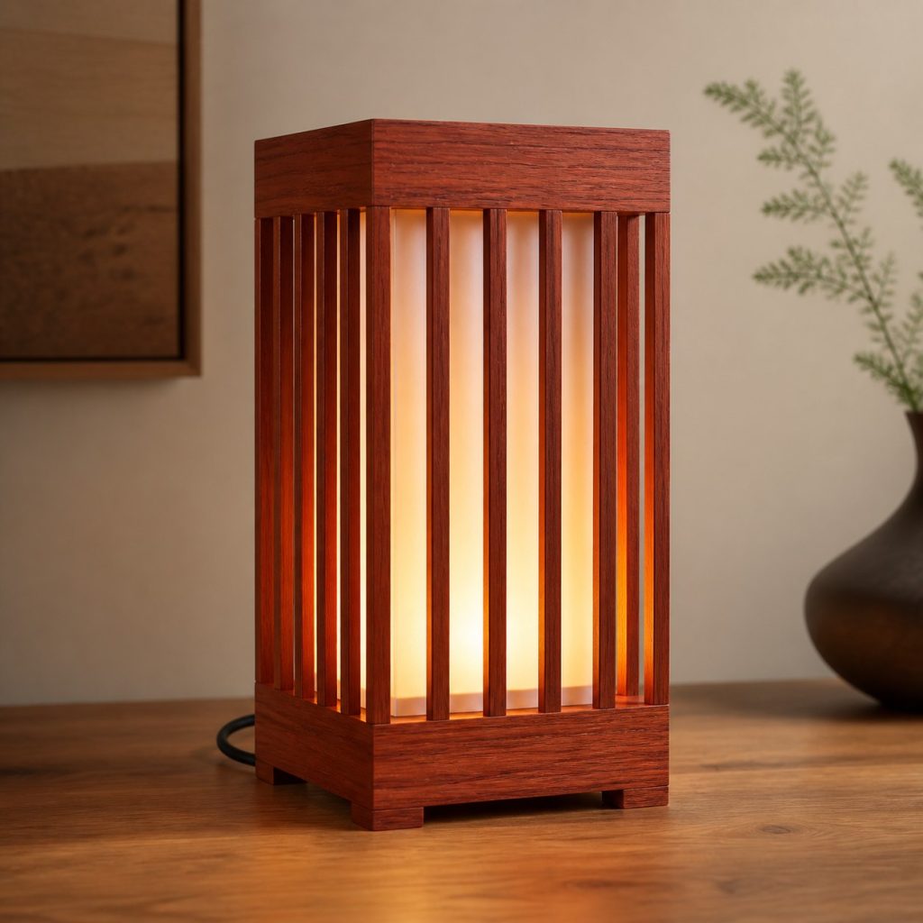 Padauk Slatted Lantern Lamp shown as an original square photorealistic padauk wood lamp with authentic grain, warm diffused light, and a short dark power cord
