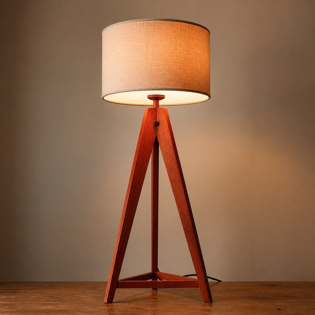 Padauk Tripod Reading Lamp shown as an original square photorealistic padauk wood lamp with authentic grain, warm diffused light, and a short dark power cord