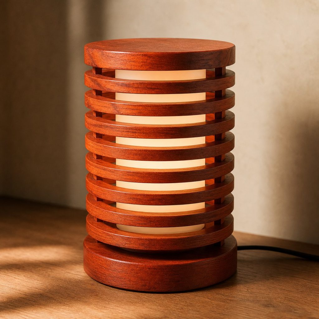 Padauk Stacked Ring Lamp shown as an original square photorealistic padauk wood lamp with authentic grain, warm diffused light, and a short dark power cord